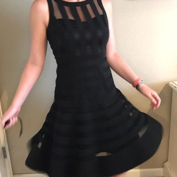Dobby Mesh Striped Little Black Dress - Picture 6 of 10